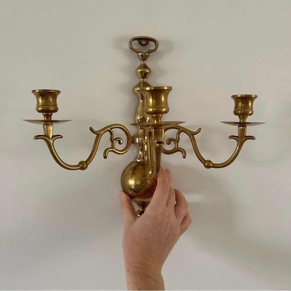Vintage Solid Brass Three Candle Holders Wall Mount 2 As Set
